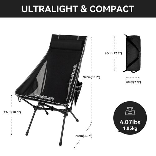 diwaite Portable High Back Camping Chair, Support Heavy Duty 440 lbs, Compact Folding Backpacking Chair with Detachable Pillow for Camp, Hiking, Backpacking(Black)