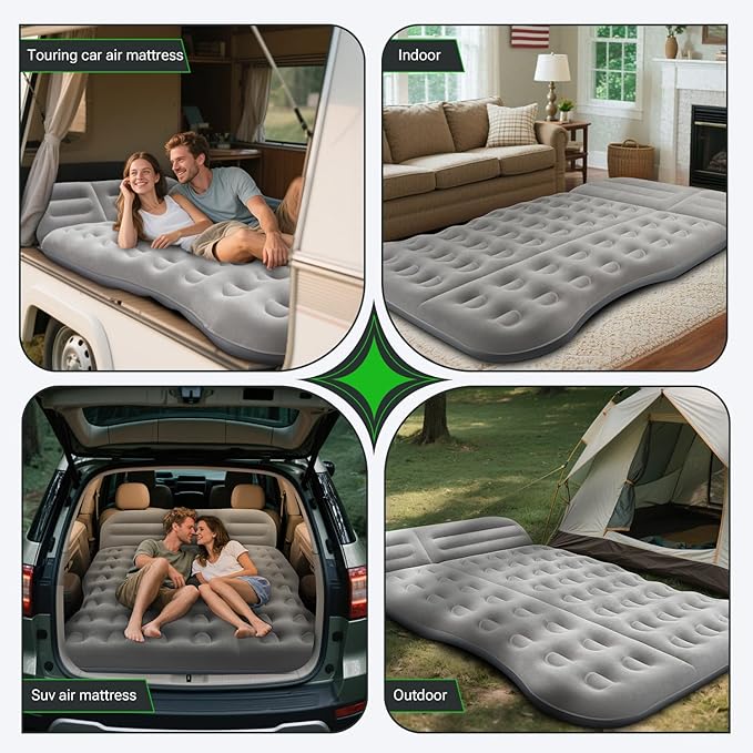 SUV Air Mattress， Thickened Flocked Camping Bed for Car Trunk & Back Seat ， Includes Electric Pump & 2 Foot Pedals ， Portable Inflatable car Mattress (Gray)