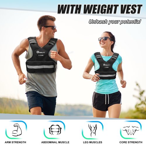 NEALFIT Weighted Vest for Women and Men, 5-10lb/11-20lb/18-30lb Adjustable Weighted Vest with Reflective Strip, Body Weight Vest for Walking, Running, Fitness, Strength Training (Black, 5-10 lbs)