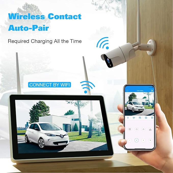 Wireless Security Camera System with 12" Monitor, 8CH NVR & 4pcs WiFi Cameras - Plug & Play, Night Vision, 24/7 Recording (No HDD + 4cam + 12" Monitor)