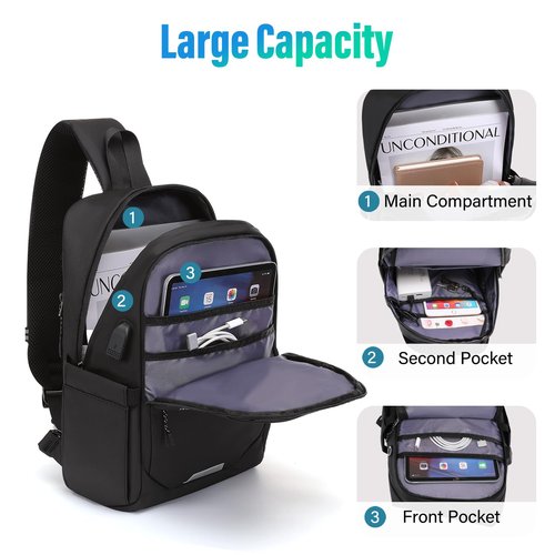 MOSISO Sling Backpack Travel Hiking Daypack,Large Crossbody Sling Bag with USB Charging Port for Men Women 3 Layer Pockets One Shoulder Bag for Outdoor Sports Casual Commuting, Black