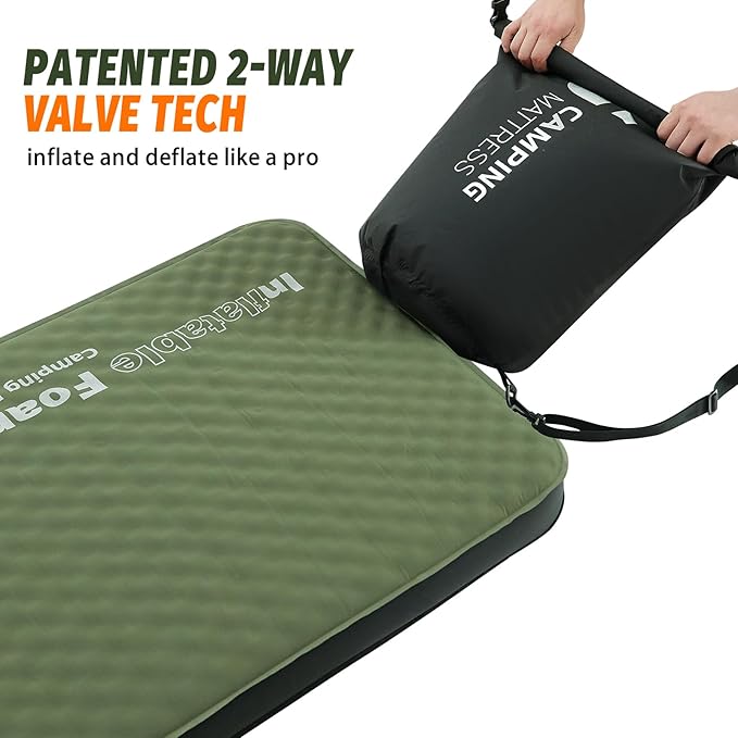 Self Inflating Sleeping Pad, 4in Ultra-Thick Foam Camping Mattress with Air Pump Sack Small Single, Sleeping Mats for Adults Inflatable Camping Pad, Single Bed, Travel, Car, Tent, Home, Army Green