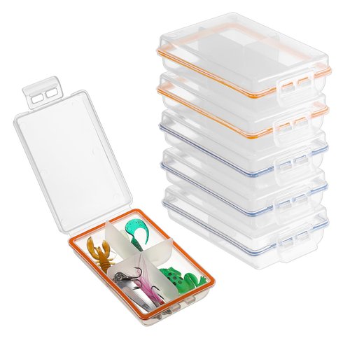 JUXYES Pack of 6 Plastic Small Fishing Tackle Box Organizer with 4 Compartments, Clear Mini Fishing Tackle Storage Boxes with Dividers, Transparent Fish Pocket Tackle Storage Box Lure Box