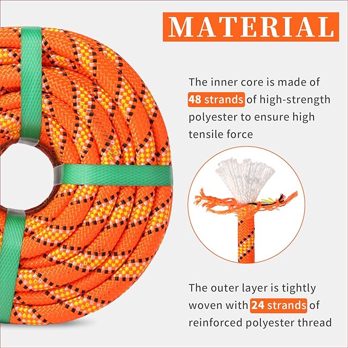 Arborist Rope Tree Rope Polyester Climbing Rope (1/2in x 200ft) 48 Strands for Pull Swing Knot (Orange)