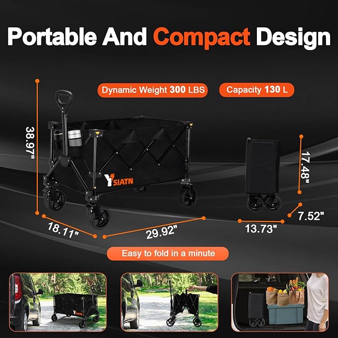 Collapsible Wagon Cart with Wheels Foldable, Folding Wagon Cart with All Terrain Wheel, Large Grocery Carts On Wheels, Heavy Duty Utility Wagons for Shopping Beach Sports Fishing Camping, 130L, Black