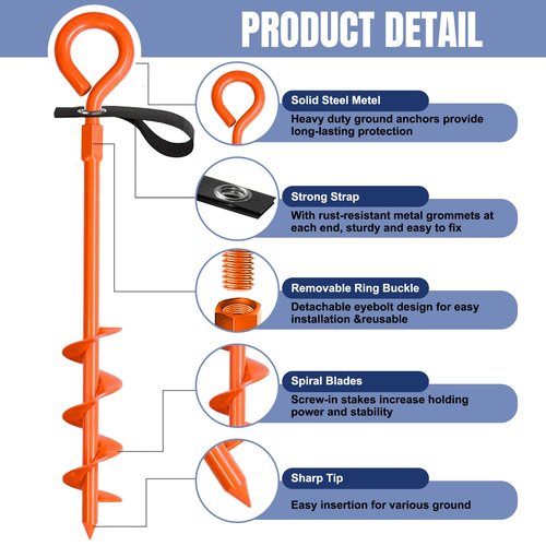 Eurmax USA Trampoline Stakes Screw in Tent Stakes Parts Heavy Duty for Canopies,4-Pack Outdoor Anchor Kit with Straps(Orange)