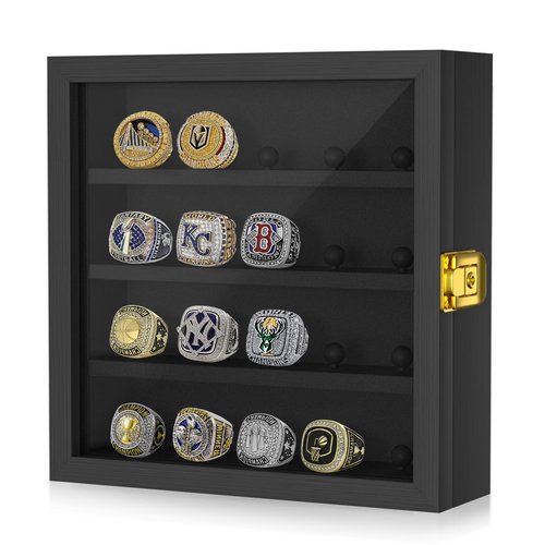 Championship Ring Display Case: Wooden Shadow Box with 20 Ring Posts Sports Award Rings - Baseball, Basketball, Football, Soccer