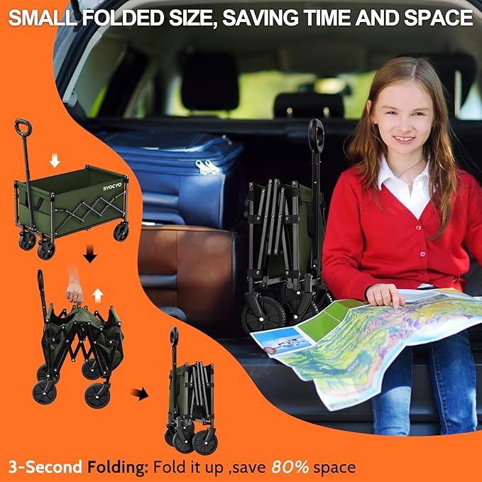 Collapsible Wagon Cart 360lbs Beach Foldable Wagon Lightweight & Portable Folding Utility Grocery Shopping Carts with Wheels for Shopping Sports Garden Camping Green