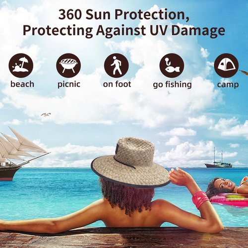 TUREVIEW Men's and Wowen's Lifeguard Straw Hat Wide Brim Beach Hat Sun Protection Outdoor Hat for Fishing Hiking (American Flag)