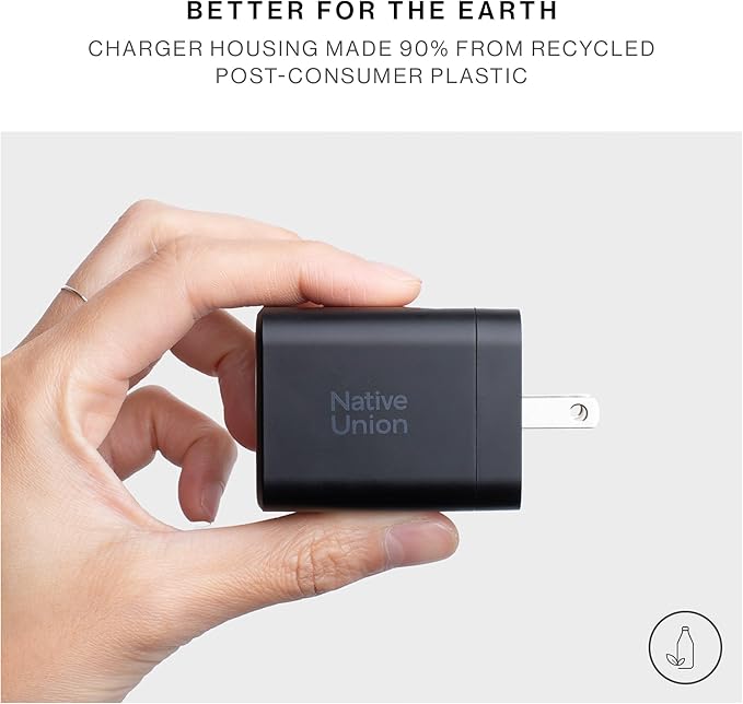 Native Union Fast GaN Charger PD 45W – Ultra-Compact Power Delivery Enabled USB-C – Made of Recycled Materials – for MacBook Air, iPads, iPhones, Pixel, Galaxy & Other USB-C Devices (Black)