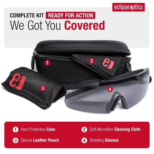 Eclipse Optics Shooting Glasses - ANSI Z87.1+ Anti-Fog and Scratch Resistant Safety Glasses with UV Protection - Black