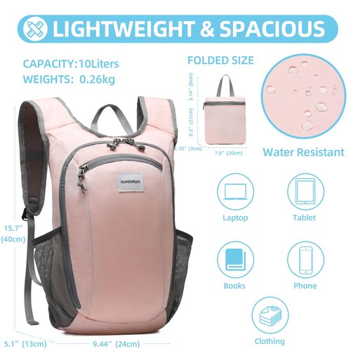 HumbleByte 10L Lightweight Hiking Bag Small Daypack Hiking Backpack Foldable Outdoor Bag for Women(Pink)