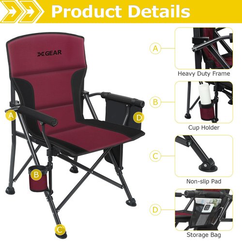 XGEAR Heated Camping Chair for Adults, 3 Heat Levels, Heated Back and Seat, Fully Padded Heated Camp Chair for Outdoor, Battery Not Included(Black/Red)