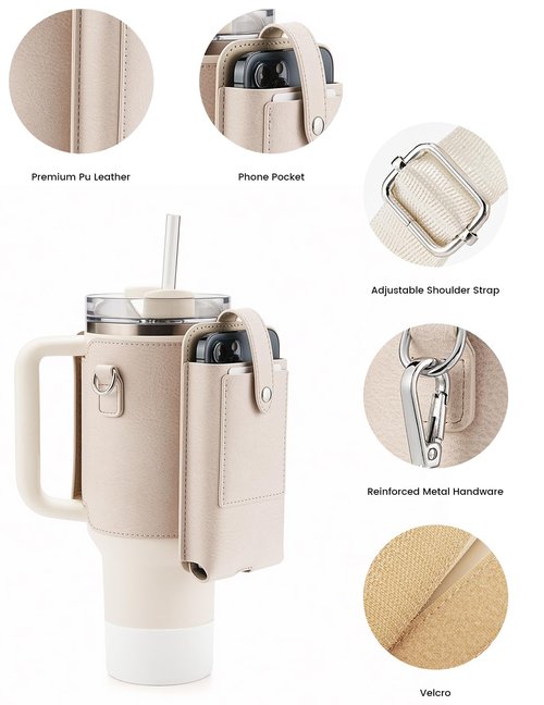molshine Water Bottle Carrier Bag Holder with Phone Pocket Adjustable Strap for Stanley 30 40oz, Insulated PU Leather Cover Sleeve Sling Crossbody Bag for Walking Camping Hiking Travelling (Beige)
