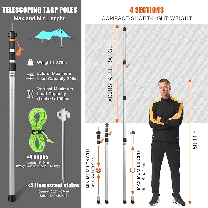 Telescoping Tarp Poles, CAMULAND Tent Poles for Tarp Camping Gear Accessories Stakes Hammock Rain Fly Adjustable Lightweight Aluminum Set of 34.5" - 110.2" Hiking, Awning/Outdoor with Carry Bag