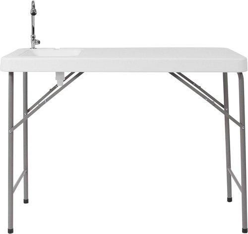 Flash Furniture Wesley 4' Portable Fish Cleaning Table with Sink, Outdoor Portable Folding Camping Sink Table with Faucet, and Hose Attachment, White
