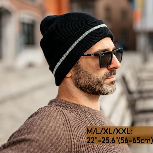 TOP-EX XL/XXL Unisex 50% Merino Wool Cuffed Beanie for Men Women Double Layer Winter Skull Cap Big Head Warm Knit Hats with Reflective Strips Soft Cold Weather Hat Black