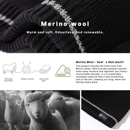 XL Men's Women's Oversize Winter Black Reflective Strips Wool Beanie Waterproof Fleece Lined Knit Cap Hat All-Weather Warm Rain X-Large Extra Large Big Head