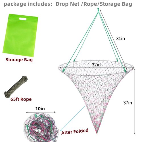 32in x 37in Folded Bridge and Pier Fishing Net, More Coarse Soft Steel Hoop, Colourful Dual-Line Construction，Heavy-Duty Fishing Cast polyethylene Fiber line Mesh Net, Drop Net/Rope/Storage Bag