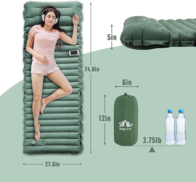 Night Cat Camping Sleeping Pad: Lightweight Backpacking Inflatable Sleeping Mat Built-in Pillow & Foot Pump