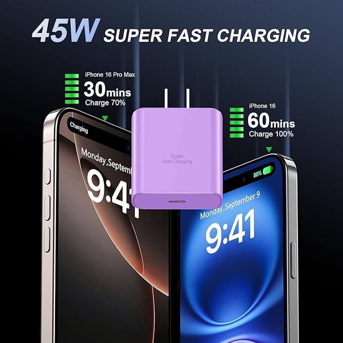 Phone 16 Pro Max Charger Fast Charging, 45W USB C Phone 16 Super Fast Charger Block with 6.6FT Long Type C Charging Cable Cord for Phone 16/16 Pro/16 ProMax/16 Plus, 15/15 ProMax/Pro/Plus,2pack purple