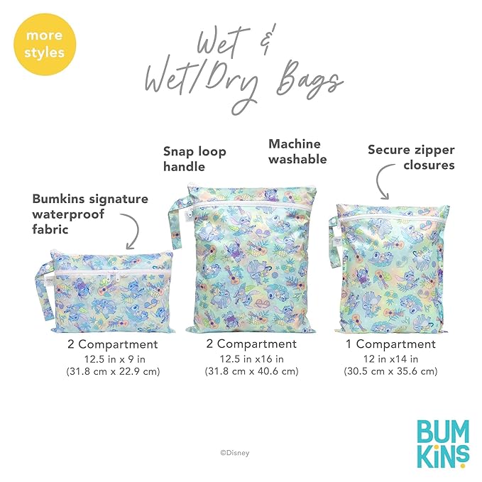 Bumkins Disney Waterproof Wet Bag for Baby, Travel, Swim Suit, Cloth Diaper, Pump Parts, Pool, Beach, Gym Clothes, Toiletry, Hook to Stroller, Daycare, Zipper Reusable Wetdry, Mickey and Friends White