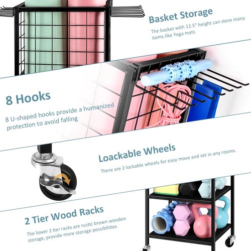 ETELI Weight Dumbbells Rack for Home Gym Yoga Mat Storage Rack Cart Small Metal Wood Home Gym Workout Equipment Storage with Hooks for Block Foam Rollers Resistance Bands, Black