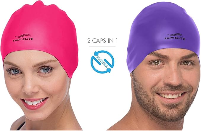 Reversible Silicone Swim Cap, Waterproof 2-in-1 Swimming Caps for Men and Women with Carry Bag, Flexible Adult Swimmers Cap for Short and Medium Length Hair
