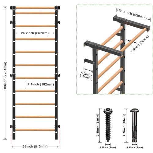 Lifeswell Wood Stall Bar, 2"x2" Swedish Ladder with 1" Hole, 11 Strategic Rods, Wall Mounted Suspension Trainer for Home, Gym, School and Clinic