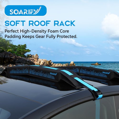 SOARIFY Universal Car Soft Roof Rack，Roof Pads Luggage Carrier for Kayak, Surfboard SUP, Canoe Include Storage Bag, 2 Quick Loop Strap, 2 Tie Down Rope, and 2 Heavy Duty Tie Down Straps