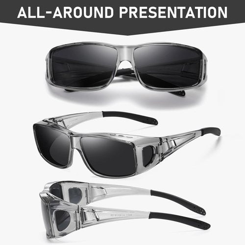 Wzerry Fit Over Glasses Sunglasses for Women Men, Polarized Oversized Sun Glasses for Prescription Glasses UV400 Protection (Transparent Grey Frame/Grey Lens)