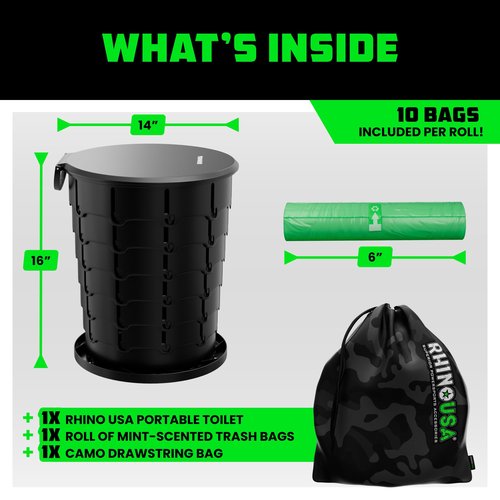 Rhino USA XL Portable Toilet for Camping (400lbs Capacity) Retractable Portable Toilet for Adults & Kids with Adjustable Height (4-16 Inches) Collapsible Portable Potty Camping Toilet for Camp/Car