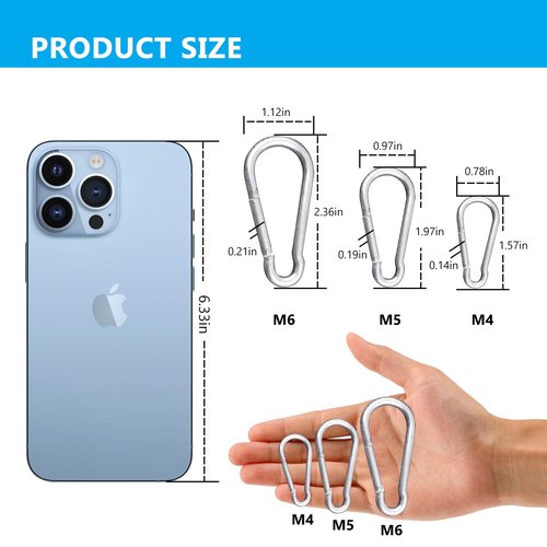 60PCS 2.3IN Carabiner Clip, M6 Heavy Duty Carbon Steel Carabiner, Spring Snap Hook Clip for Keychian, Locking Carabiner for Outdoor Camping, Fishing, Hanging, Dog Leash, Silver