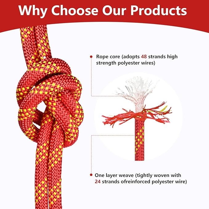 Arborist Rigging Rope - Red 1/2 in x 200 Ft Static Bull Rope for Climbing Tree Felling Pulling Various Outdoor Applications Construction Swing Sailing