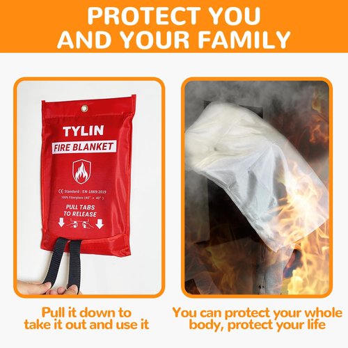 TYLIN Emergency Fire Blanket for Home & Kitchen 40” x 40” - 2 Pack, High Heat Resistant Fire Suppression Blankets for Home Safety, Kitchen, and Camping Fiberglass Welding (2)