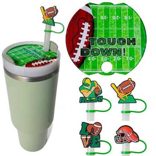 VRHGL Football Stanley Cup Accessories, 10mm 0.4 Inch Straw Topper, BPA Free, Green, Glitter, Leak Proof, Durable, Heat Resistant, Reusable, 30 OZ Tumbler with Handle