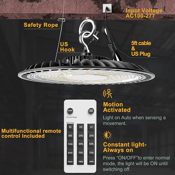 400W High Bay LED Lights with Motion Sensor, 60000LM Smart High Bay Shop Light, 𝐀𝐂𝟏𝟎𝟎-𝟐𝟕𝟕𝐕 UFO Commercial Lighting for Warehouse/Barn -4Pack