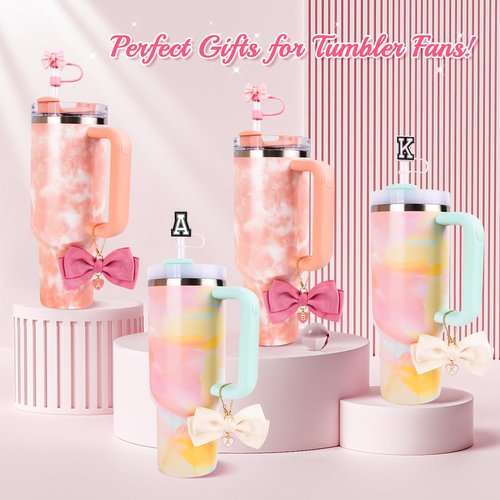 WINOWIMO 2PCS Bow Letter Charms, 3PCS Initial Pink Bow & Letter Straw Cover Caps for Stanley Cup 30 & 40Oz, Charms Decorations for Tumbler Handle, Straw Toppers for Stanley Cup Accessories Set (E)
