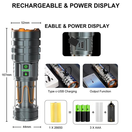 iodoo 2 in 1 Rechargeable Flashlight 5000mAh All Aluminum Body Camping Lantern True 5000 Lumens Outdoor Camping Light , Zoomable LED Flash Light with Electric Lantern Failure Emergency Survival Kits