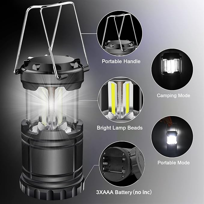 EXTRASTAR 2 Pack LED Battery Operated Lights, Portable Survival Battery Powered Lamp, Waterproof Camping Lantern, Suitable for Hurricane, Emergency, Storm, Outages, Outdoor Collapsible Lanterns, Black