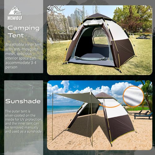 Hewolf 2/3/4 Person Camping Tent - Instant Pop Up Waterproof 2 Doors Tent with Easy Setup | 3-Season Hexagonal Dome Design for Family, Hiking & Traveling (Double Gray)
