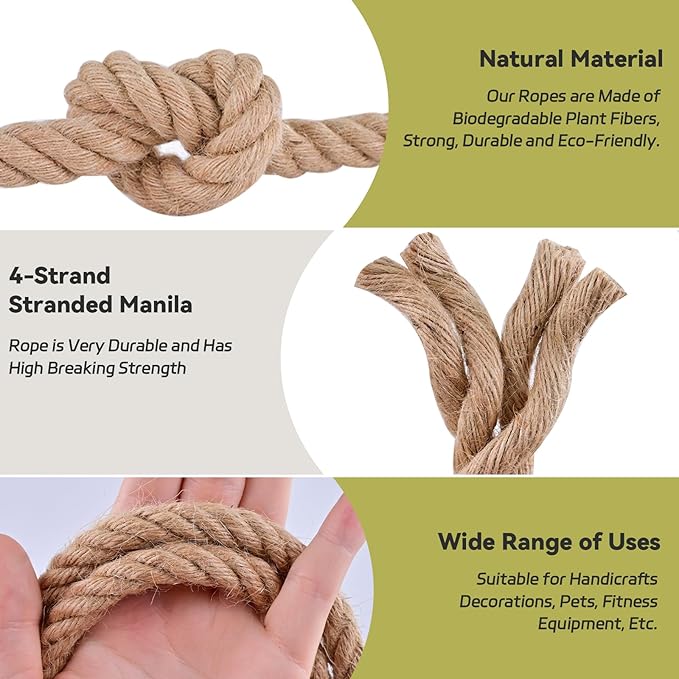 Jute Rope 1 1/2 Inch 100 Feet, Heavy Duty Rope Manila Twisted Hemp Rope Thick for Nautical, Railings, Hammock, Swing, Crafts, Bundling, Tug of War, Home Decorating, Landscaping