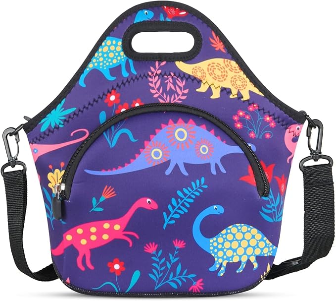 Violet Mist Neoprene Lunch Bag Reusable Insulated Lunch Box with Adjustable Shoulder Strap&Pocket for Women,Men,Adults,Cute Cartoon Dinosaur Snack Bags Blue Anime Work Picnic Travel Tote Food Handbags