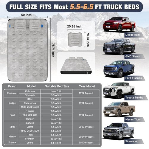 Umbrauto Air Mattress for 5.5-6.5 ft Short Bed Full-Size Trucks, Pickup Truck Airbed Mattress with Wireless Rechargeable Pump for Outdoor Travel