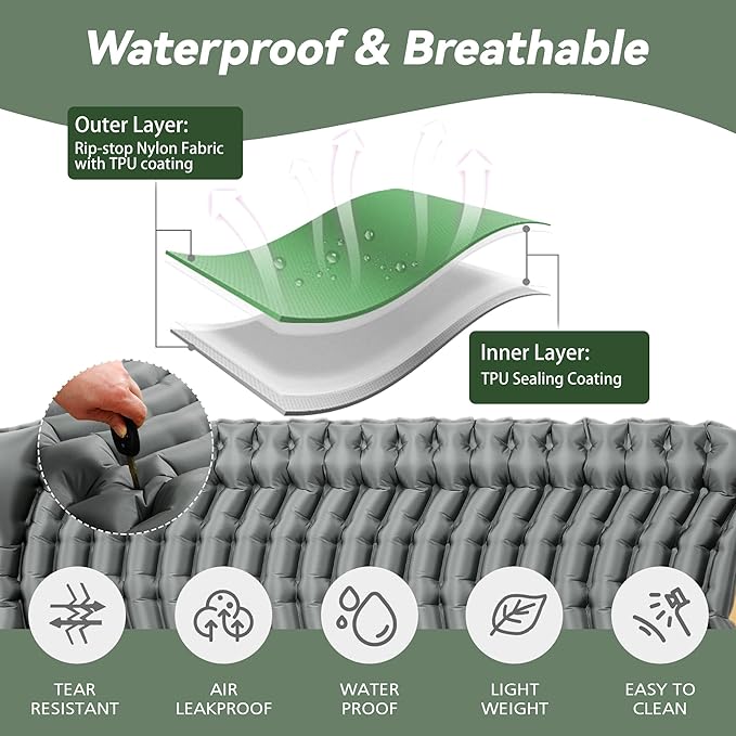 Double Sleeping Pad for Camping - Ultralight Camping Mattress with Pillow, Built-in Foot Pump, Compact Inflatable 2-Person Portable Mat for Backpacking, Hiking, Car Traveling, Beach, Tent