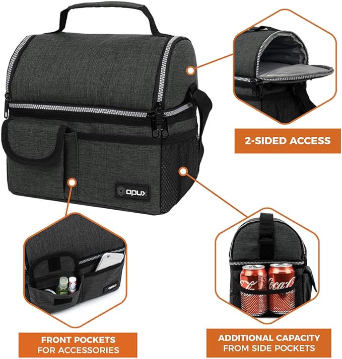 OPUX Lunch Box for Men, Adult Lunch Box Cooler, Insulated Lunch Bag Women, Dual Compartment Lunchbox for Work, Leakproof Double Decker Lunch Bag, Soft Lunch Pail Tote Boys Girls Kids School, Dark Gray