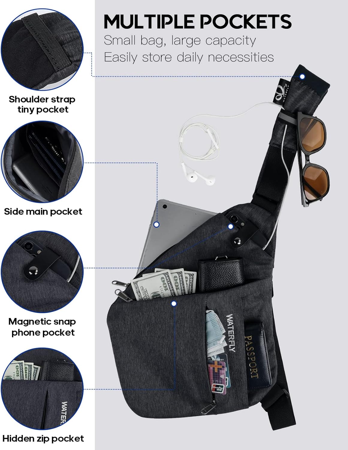 WATERFLY Sling Crossbody Chest Bag: Slim Anti-Theft Cross Body Bag Over Shoulder Backpack Stealth Side Pack Man Woman