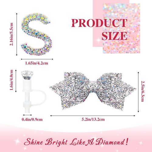 Lingdeer Water Bottle Accessories Set for Stanley Cup 30Oz 40Oz, Bling Letter Charms, Diamond Straw Cover, Glitter Silicone Boot, Personalized Sticker, Bow Straw Topper for Stanley Cup Accessories (S)