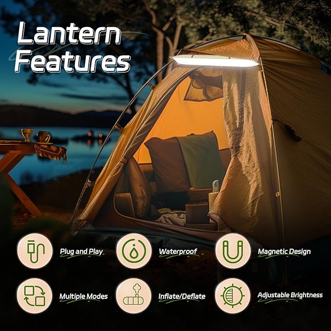 SELORSS Portable Inflatable Folding Outdoor Camping Light, IP66 Waterproof Standard with USB Plug for Camping, Hiking, Traveling and Other Outdoor environments.(Khaki Two-Piece)