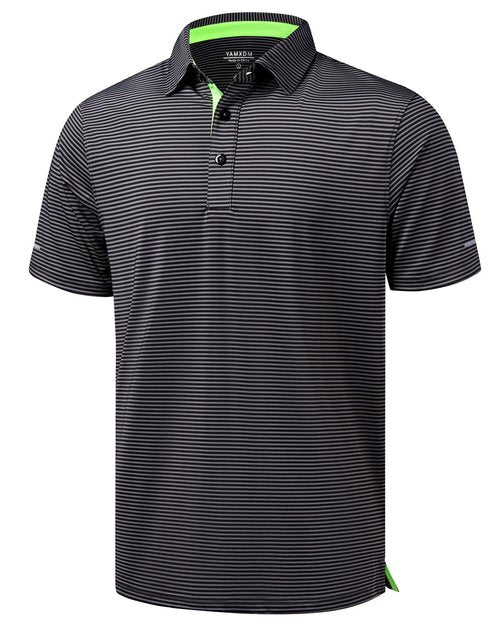 YAMXDM Golf Shirts for Men Moisture Wicking Short Sleeve Performance Sport Casual Striped Collared Mens Polo Shirt Black L